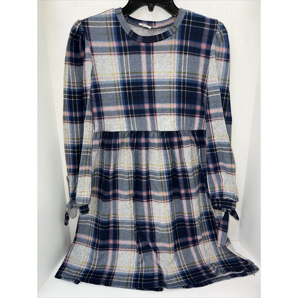 Knit Works Dress Youth XL Blue Plaid Long Sleeve Dress